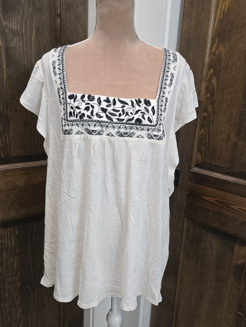 Maurices Cream Square-Neck Tunic with Black Embroidery